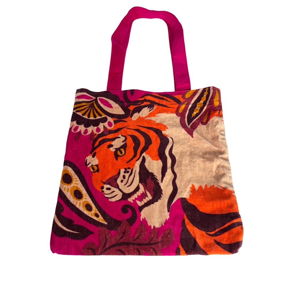 Roaring Tiger Powder Pink Velvet Paisley Tote Bag Cotton Fuchsia Orange Festive